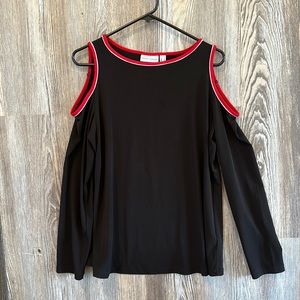 Suzanne Graver black with red trim cold shoulder top, M
